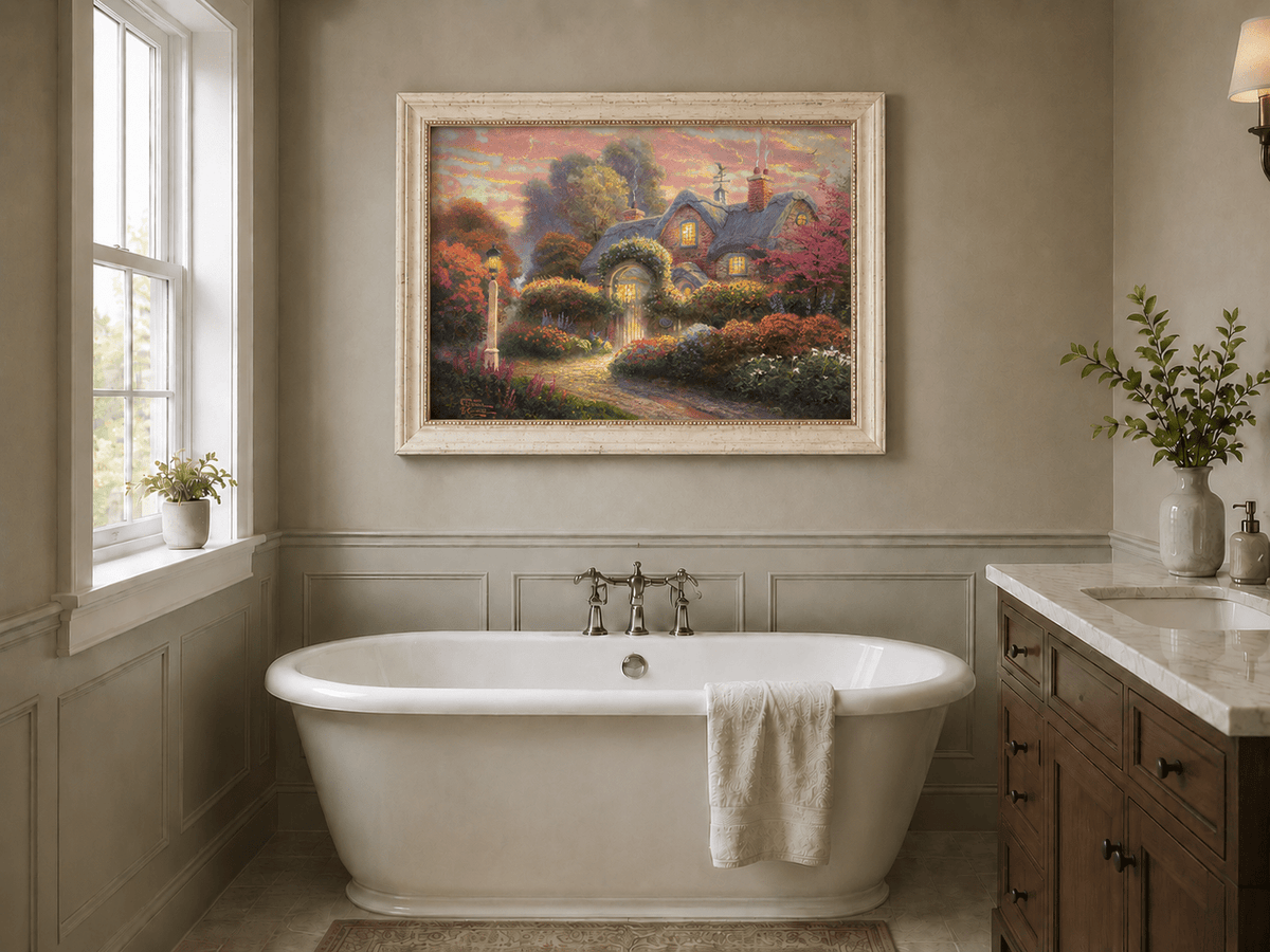 Landscape Oil Painting - Cottage in Flower Garden at Dusk