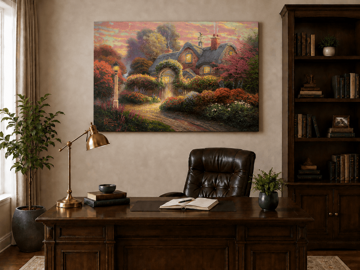 Landscape Oil Painting - Cottage in Flower Garden at Dusk