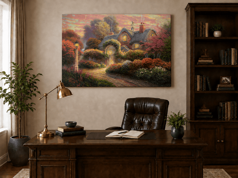 Landscape Oil Painting - Cottage in Flower Garden at Dusk