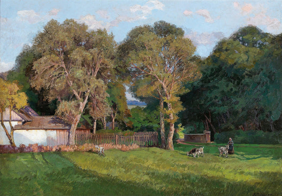 Landscape Oil Painting - Cottage Meadow and Grazing Goats - Oil Painting Haven