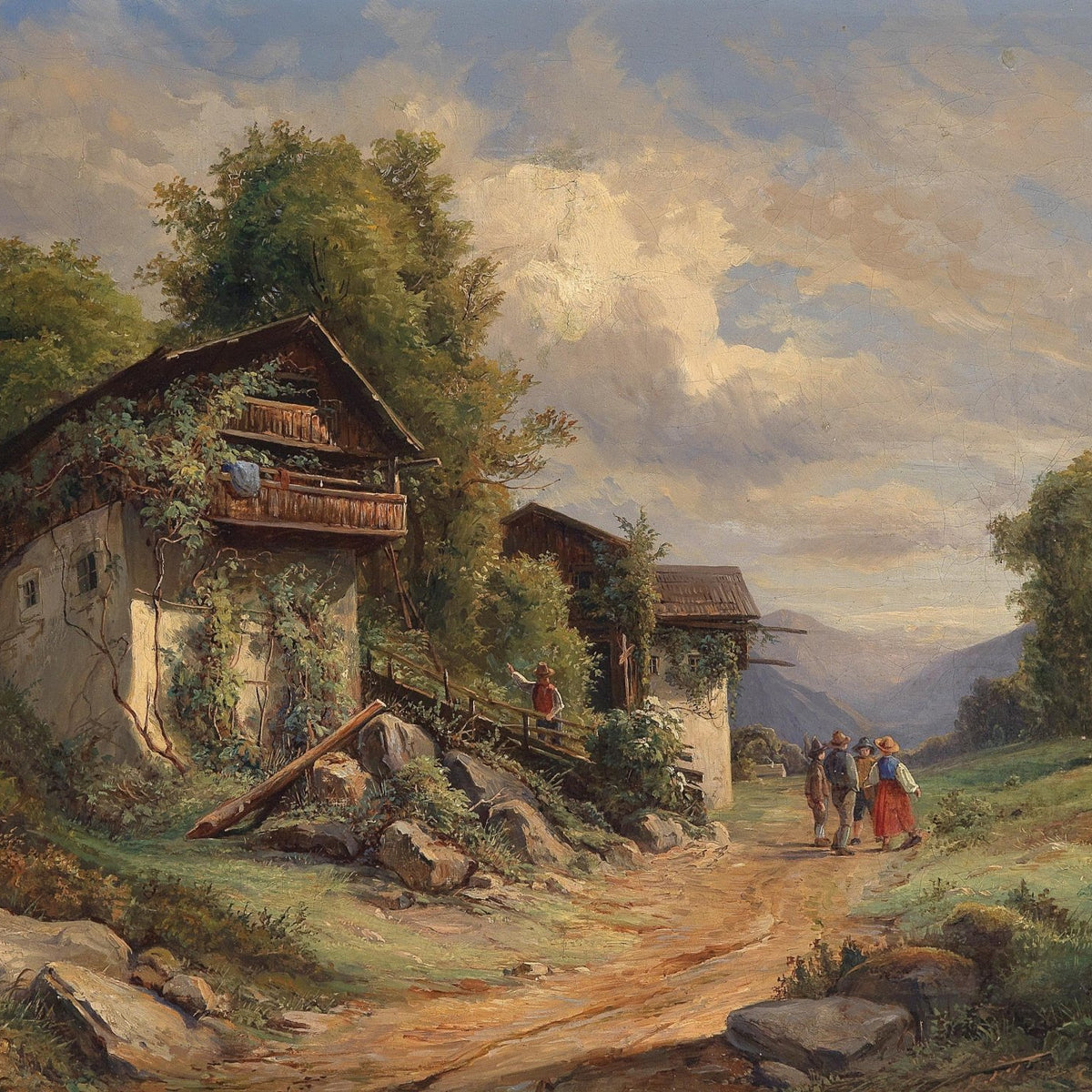 Landscape Oil Painting - Cottage Path, Vined Homes & Children Group - Oil Painting Haven
