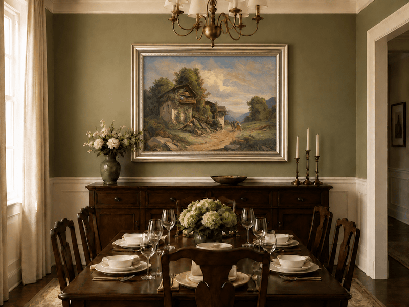 Pintura al óleo de paisaje - Sendero de cabaña, casas con enredaderas y niños