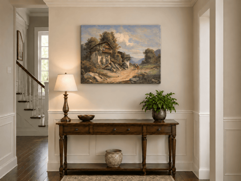 Pintura al óleo de paisaje - Sendero de cabaña, casas con enredaderas y niños
