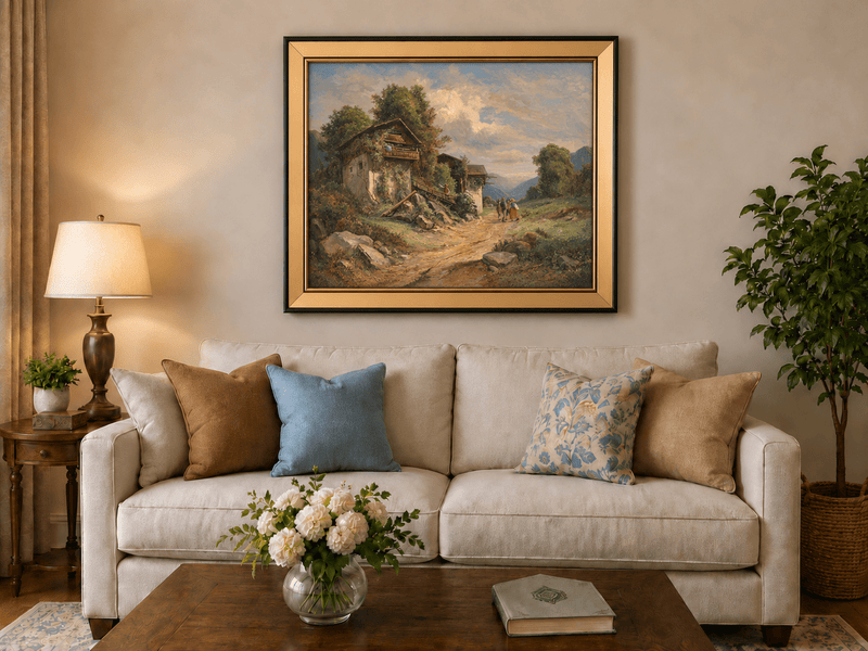 Pintura al óleo de paisaje - Sendero de cabaña, casas con enredaderas y niños