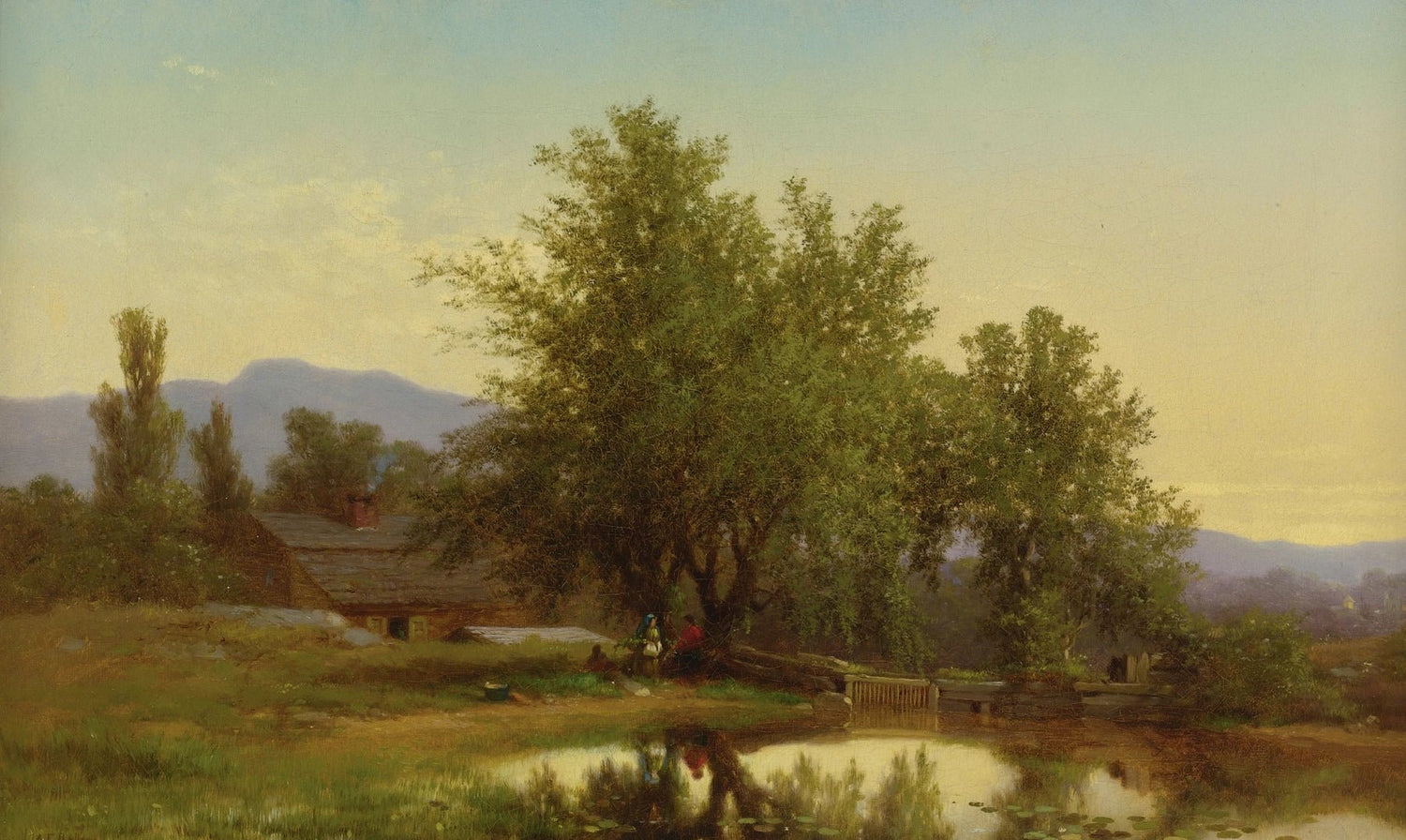 Landscape Oil Painting - Cottage Pond with Trees and Mountains - Oil Painting Haven
