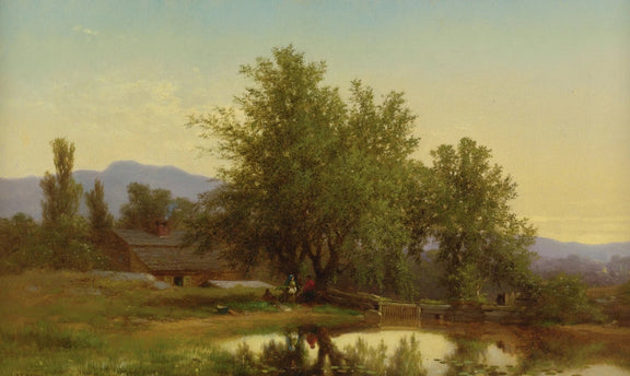 Hand-painted cottage pond with trees and mountains landscape oil painting on canvas