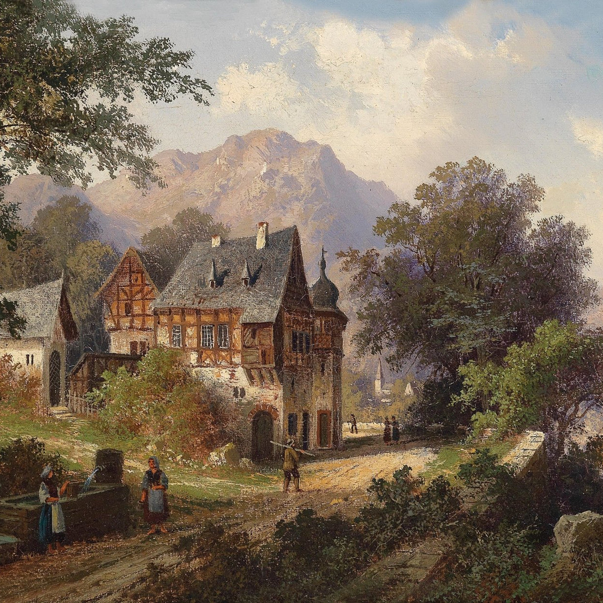 Landscape Oil Painting - Cottage, Shore Sailboat & Distant Mountains - Oil Painting Haven