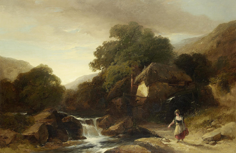 Hand-painted cottage watermill and mountain stream landscape oil painting on canvas