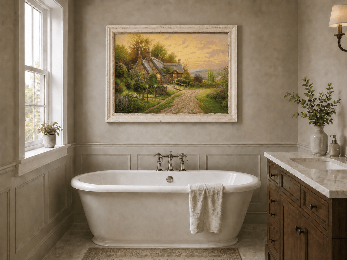 Landscape Oil Painting - Cottage with Cobblestone Path & Flowers