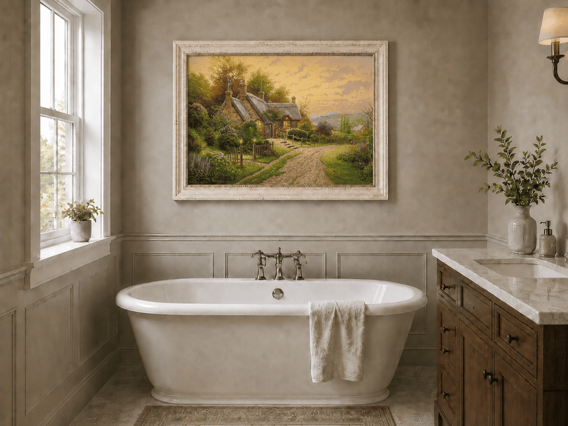 Landscape Oil Painting - Cottage with Cobblestone Path & Flowers