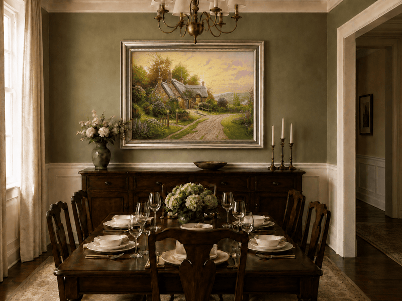 Landscape Oil Painting - Cottage with Cobblestone Path & Flowers