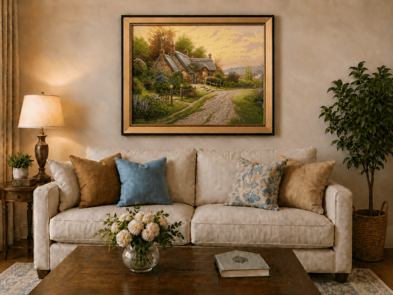 Landscape Oil Painting - Cottage with Cobblestone Path & Flowers