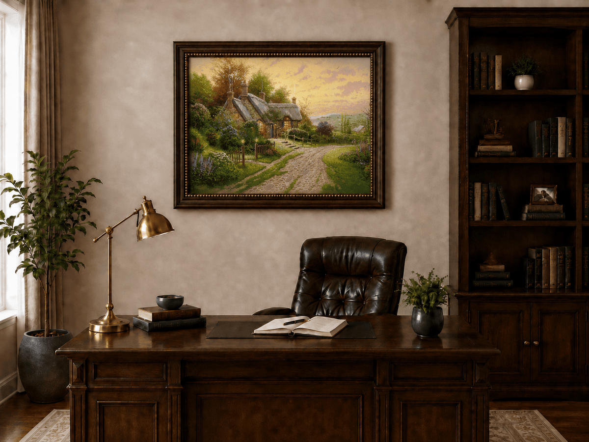 Landscape Oil Painting - Cottage with Cobblestone Path & Flowers