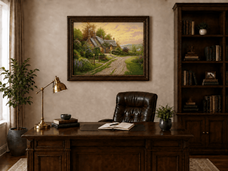 Landscape Oil Painting - Cottage with Cobblestone Path & Flowers