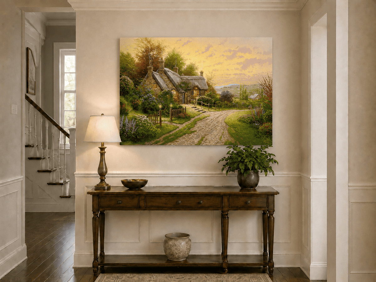 Landscape Oil Painting - Cottage with Cobblestone Path & Flowers