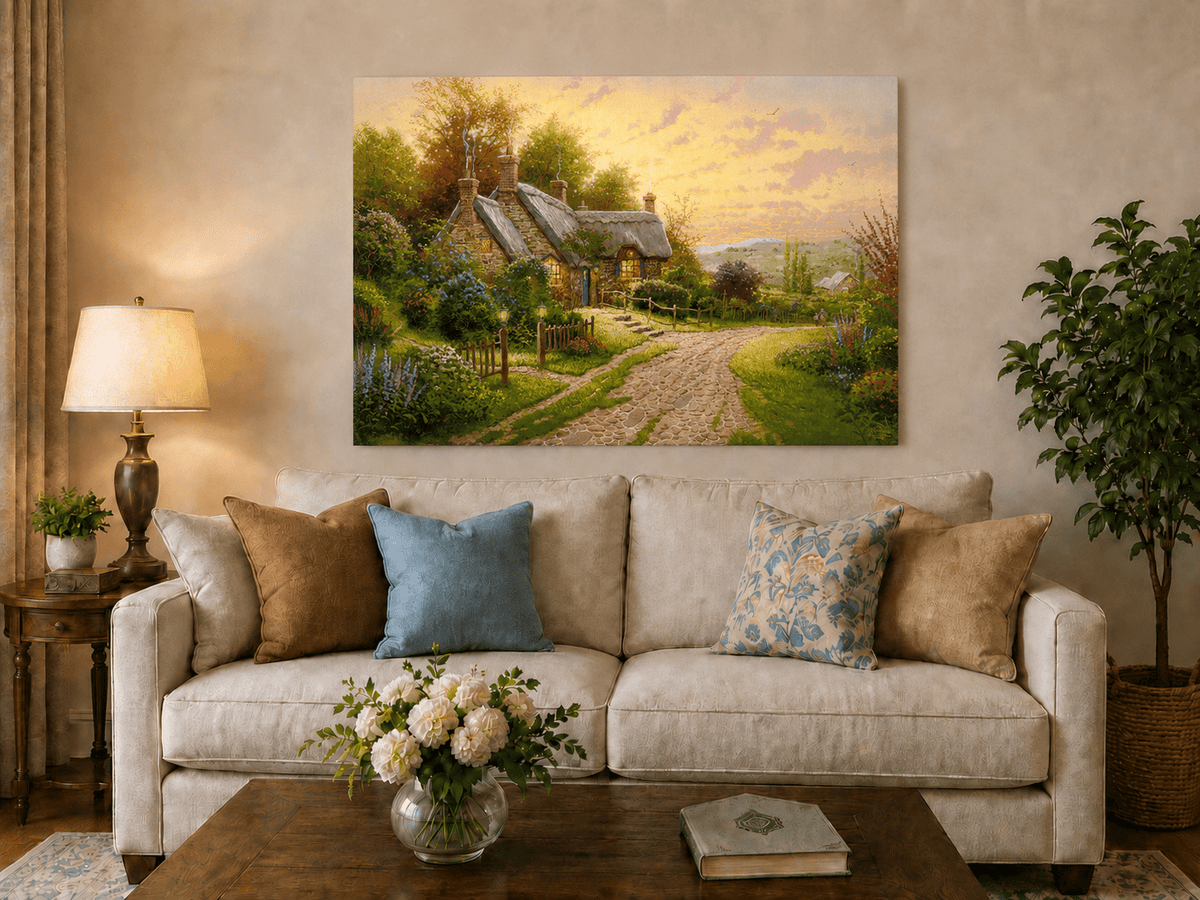 Landscape Oil Painting - Cottage with Cobblestone Path & Flowers