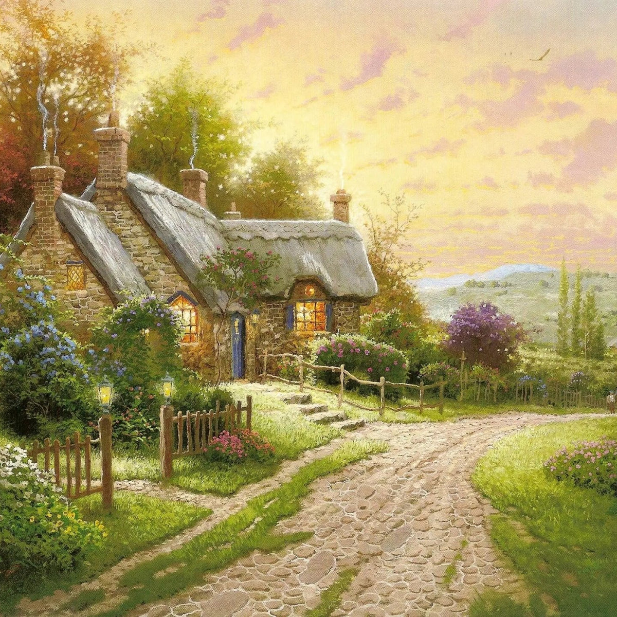 Landscape Oil Painting - Cottage with Cobblestone Path & Flowers - Oil Painting Haven