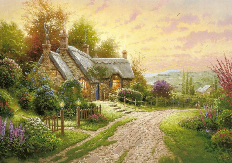 Landscape Oil Painting - Cottage with Cobblestone Path & Flowers - Oil Painting Haven