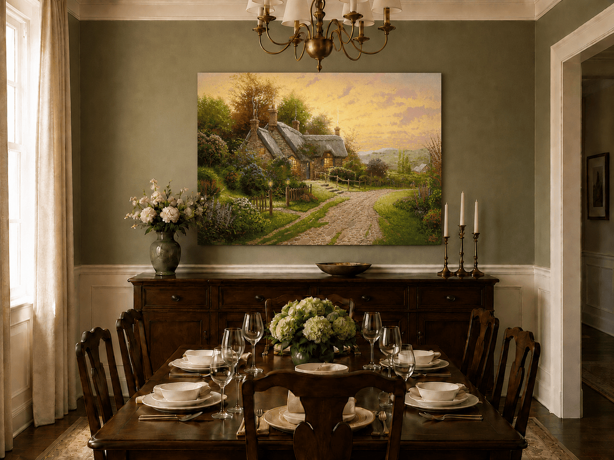 Landscape Oil Painting - Cottage with Cobblestone Path & Flowers