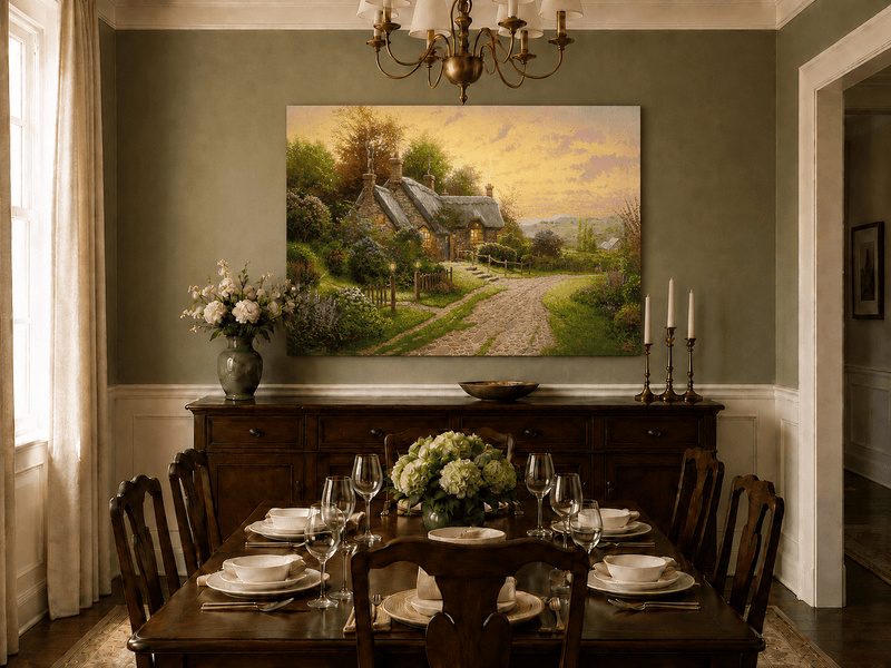 Landscape Oil Painting - Cottage with Cobblestone Path & Flowers