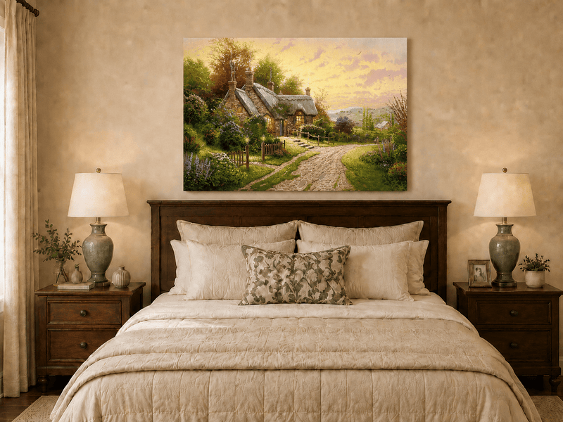 Landscape Oil Painting - Cottage with Cobblestone Path & Flowers