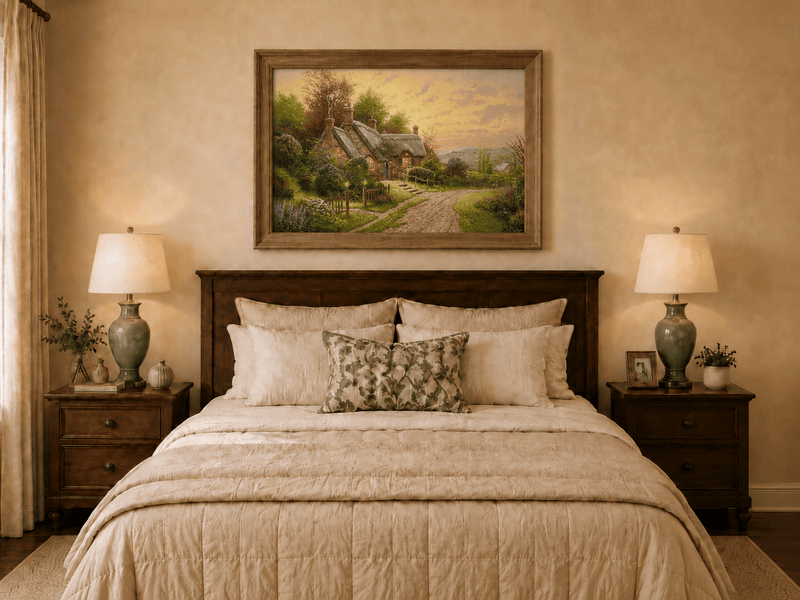 Landscape Oil Painting - Cottage with Cobblestone Path & Flowers