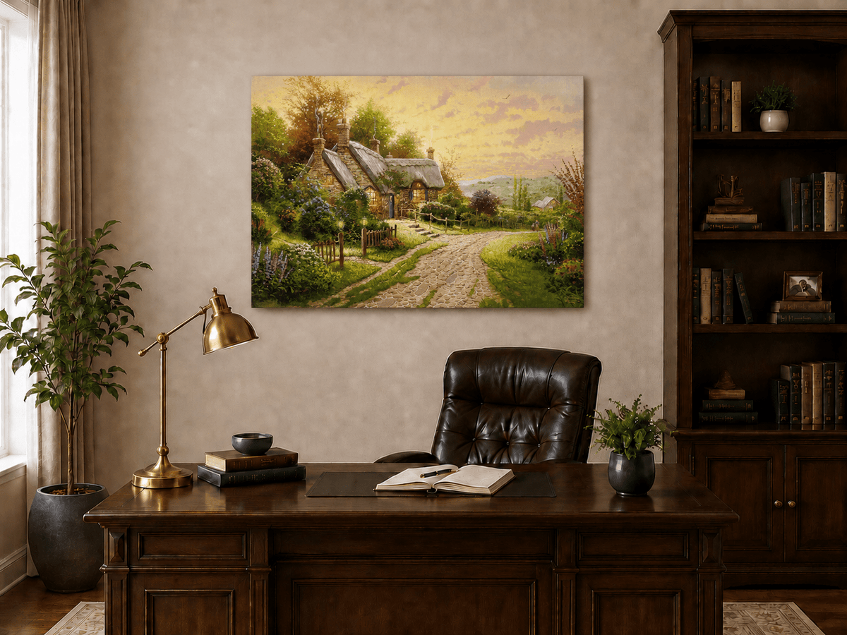 Landscape Oil Painting - Cottage with Cobblestone Path & Flowers