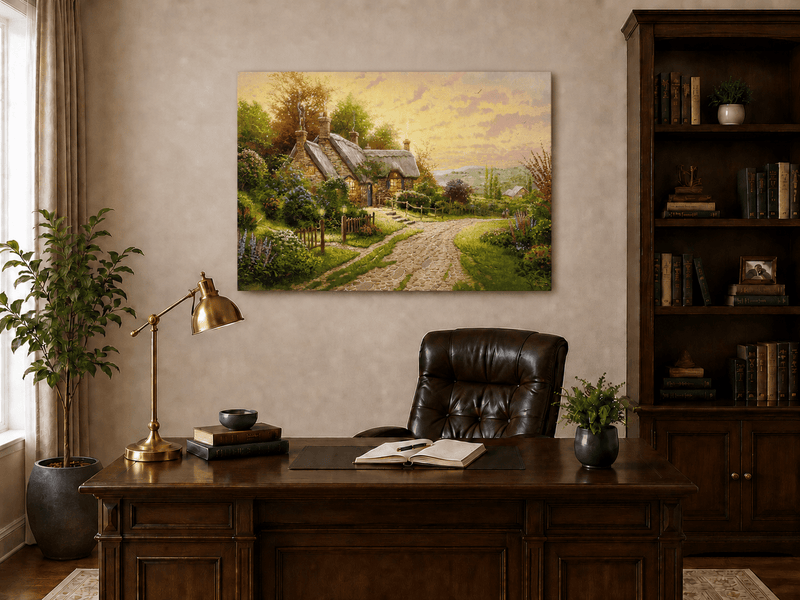 Landscape Oil Painting - Cottage with Cobblestone Path & Flowers