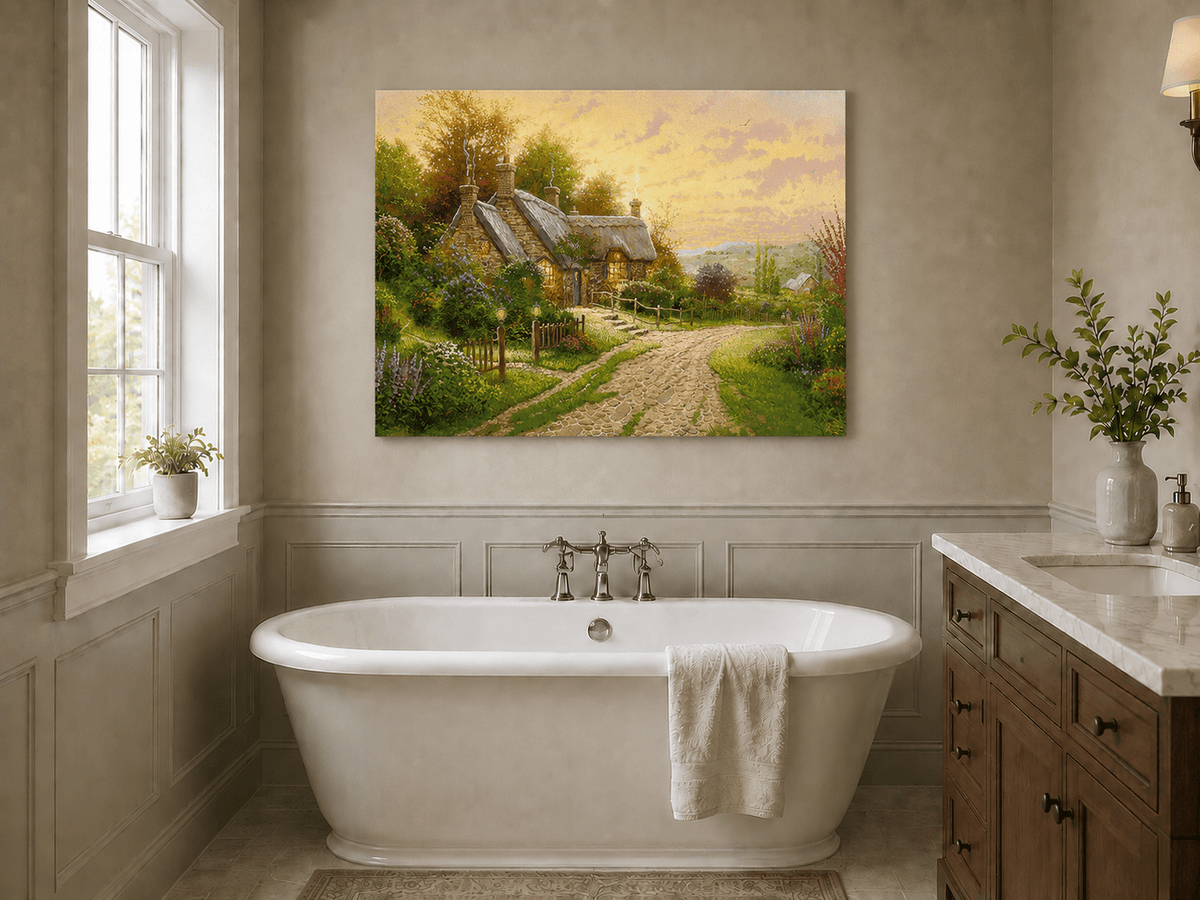 Landscape Oil Painting - Cottage with Cobblestone Path & Flowers