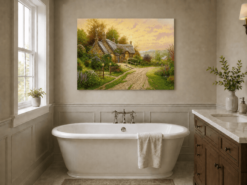 Landscape Oil Painting - Cottage with Cobblestone Path & Flowers