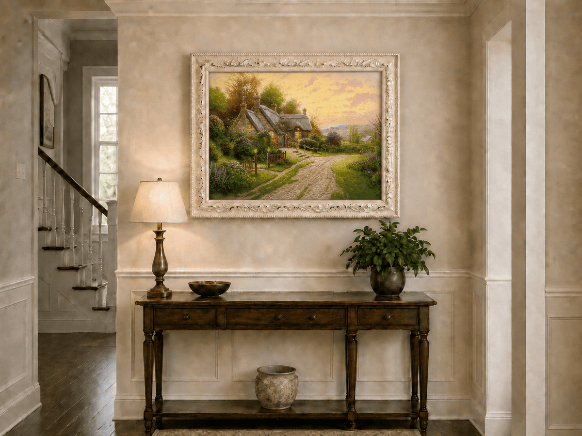 Landscape Oil Painting - Cottage with Cobblestone Path & Flowers