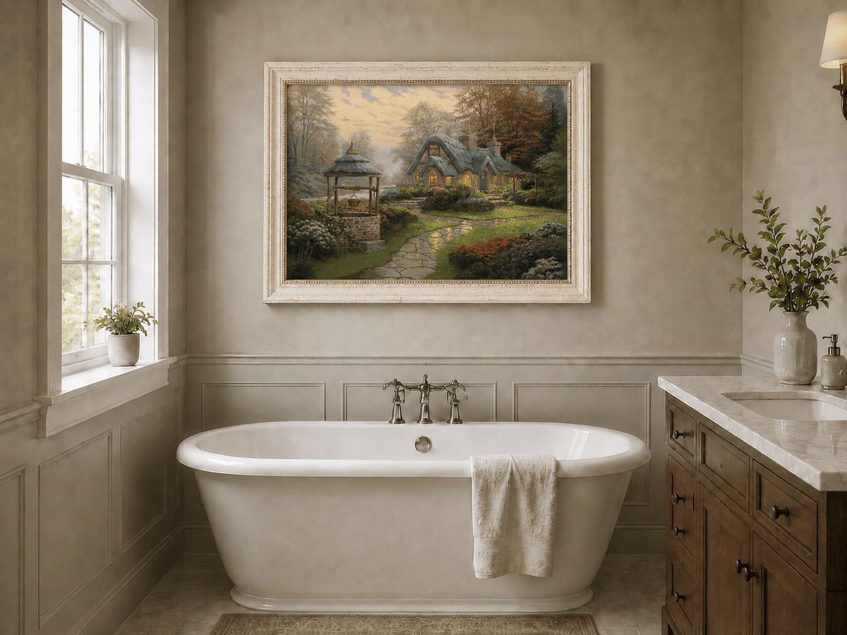 Landscape Oil Painting - Cottage with Well & Flower Garden