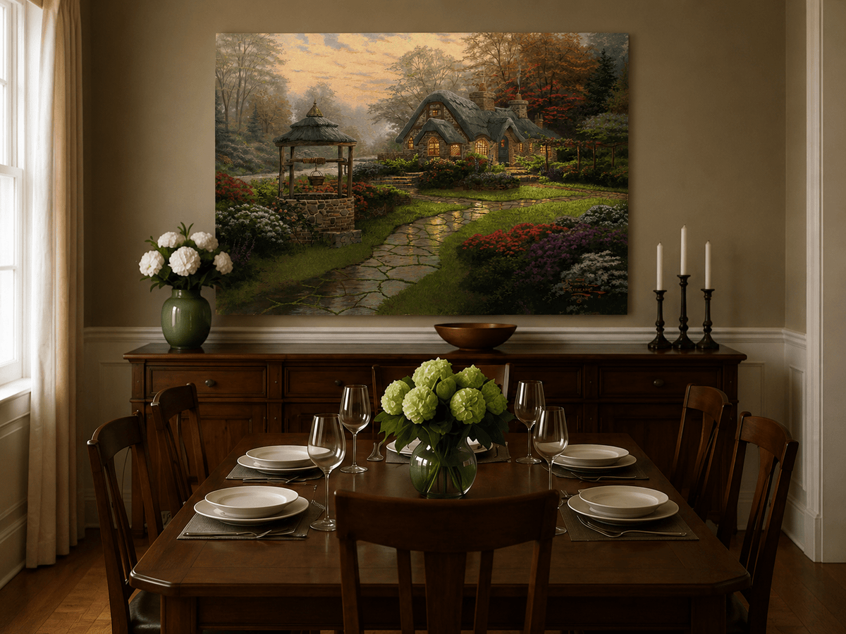 Landscape Oil Painting - Cottage with Well & Flower Garden