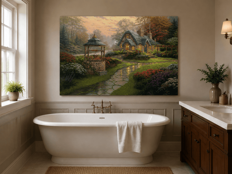 Landscape Oil Painting - Cottage with Well & Flower Garden