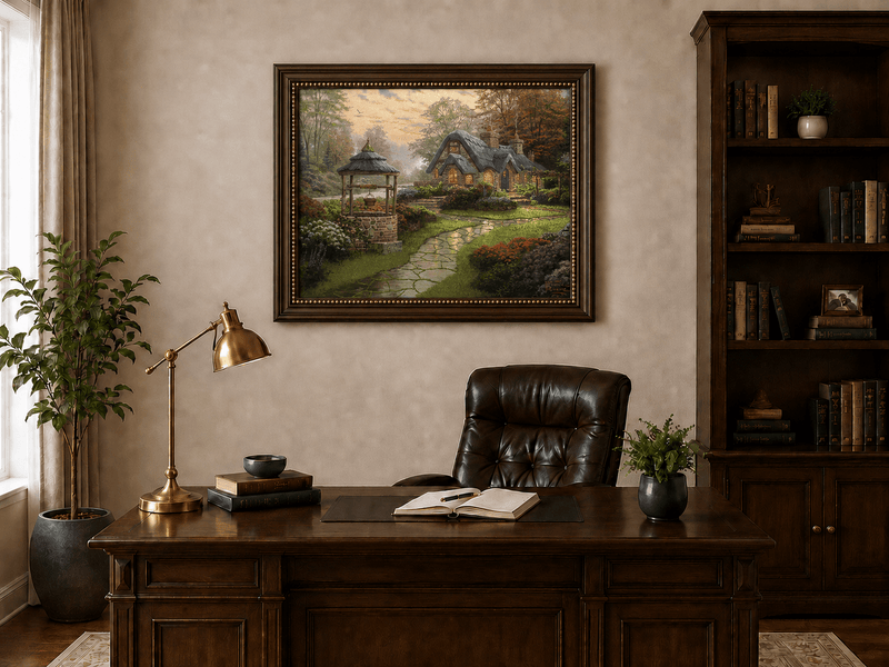 Landscape Oil Painting - Cottage with Well & Flower Garden