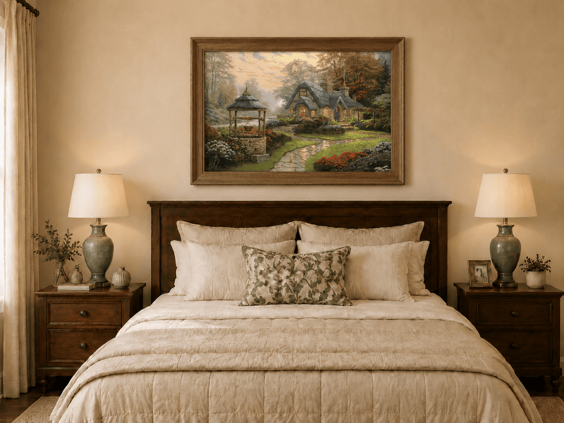 Landscape Oil Painting - Cottage with Well & Flower Garden