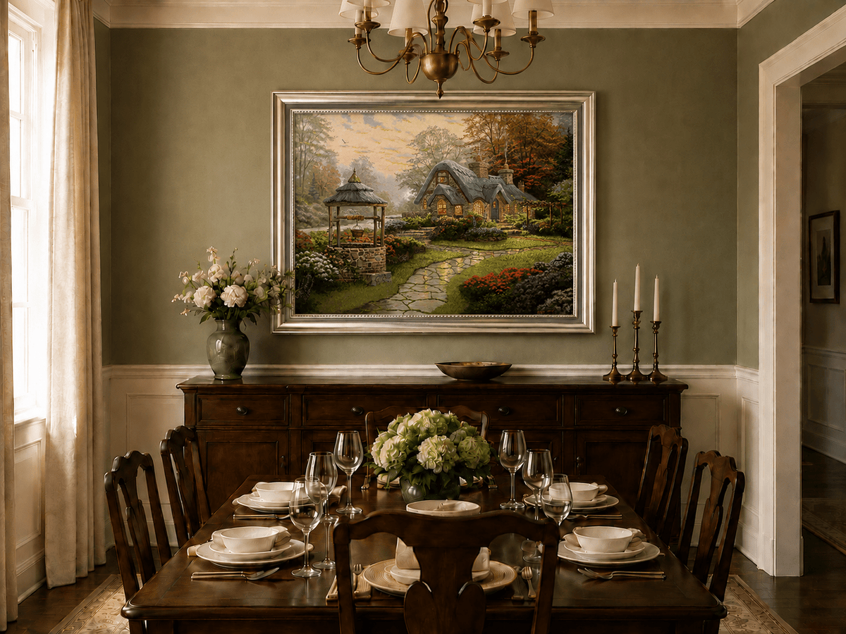 Landscape Oil Painting - Cottage with Well & Flower Garden