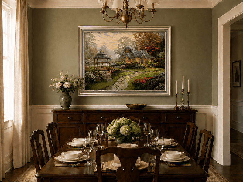 Landscape Oil Painting - Cottage with Well & Flower Garden