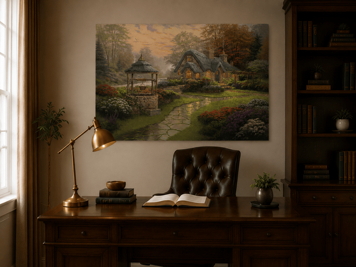 Landscape Oil Painting - Cottage with Well & Flower Garden