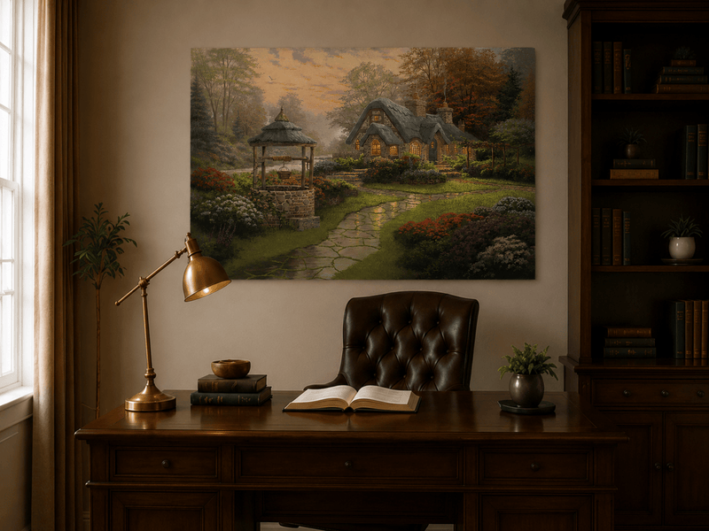 Landscape Oil Painting - Cottage with Well & Flower Garden