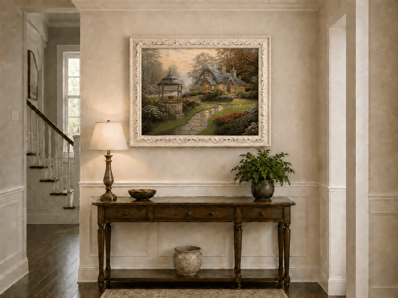 Landscape Oil Painting - Cottage with Well & Flower Garden