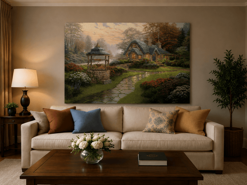 Landscape Oil Painting - Cottage with Well & Flower Garden