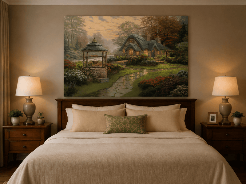Landscape Oil Painting - Cottage with Well & Flower Garden