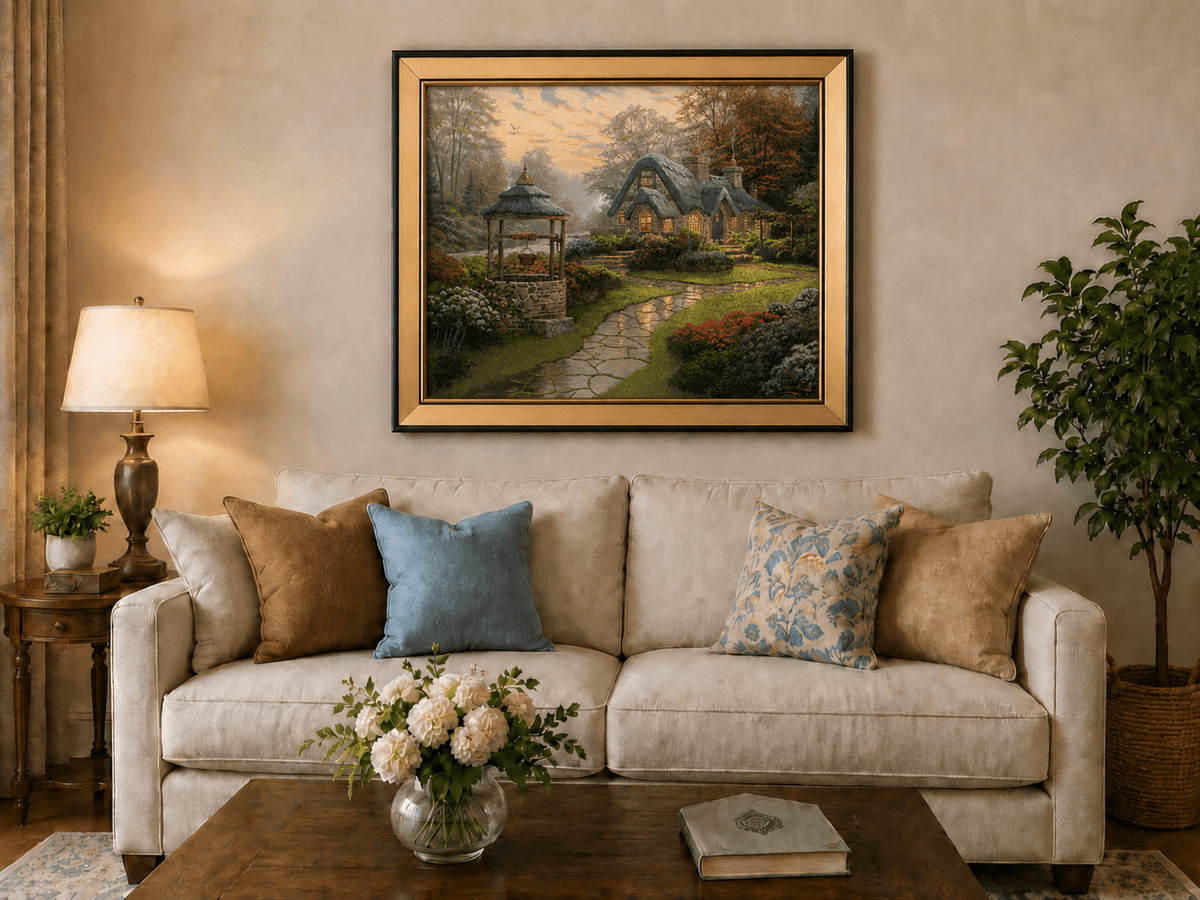 Landscape Oil Painting - Cottage with Well & Flower Garden