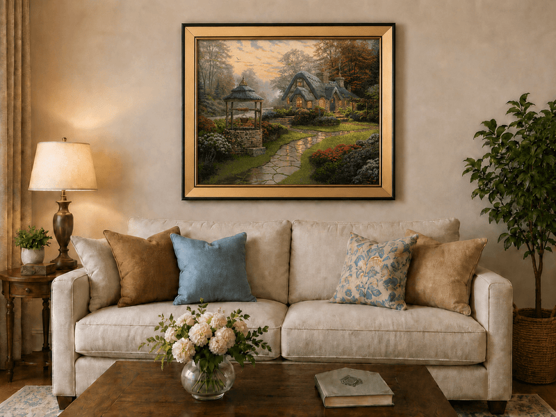 Landscape Oil Painting - Cottage with Well & Flower Garden