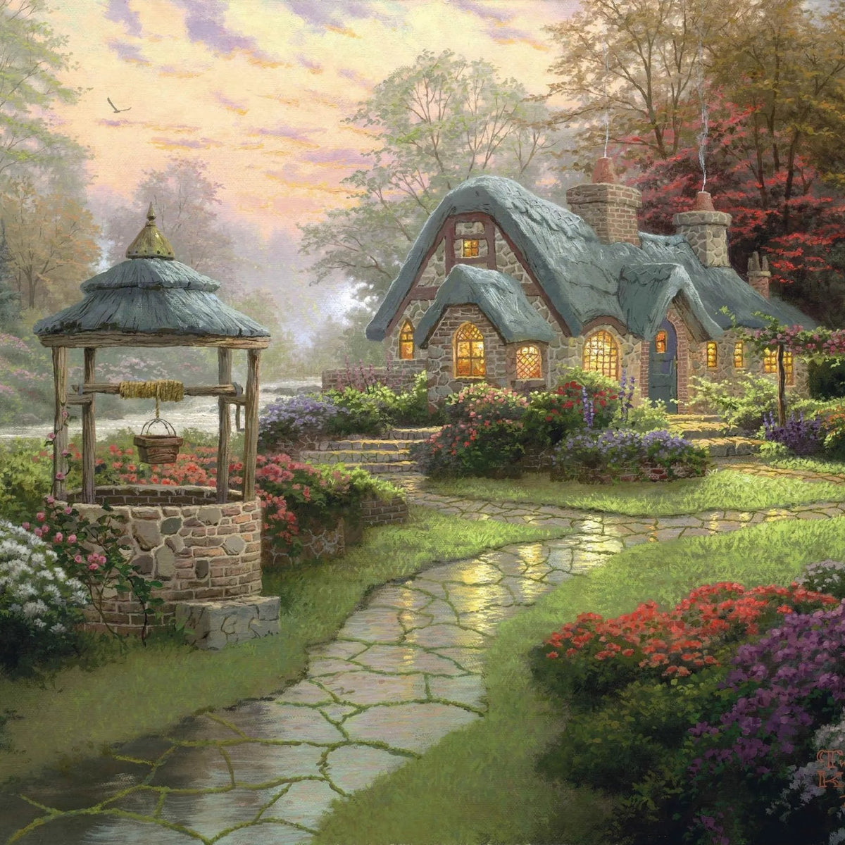 Landscape Oil Painting - Cottage with Well & Flower Garden - Oil Painting Haven