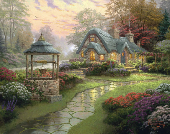 Landscape Oil Painting - Cottage with Well & Flower Garden - Oil Painting Haven