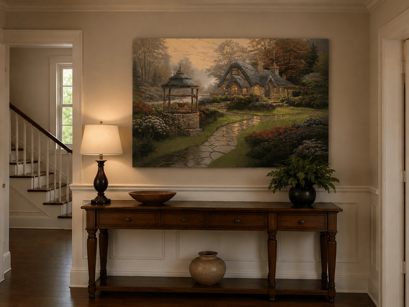Landscape Oil Painting - Cottage with Well & Flower Garden