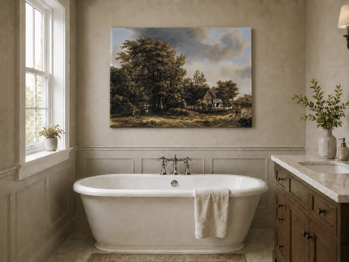 Peinture à l'huile de paysage - Village côtier avec phare et coucher de soleil