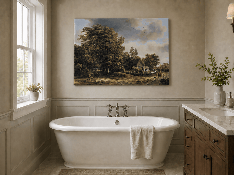 Peinture à l'huile de paysage - Village côtier avec phare et coucher de soleil